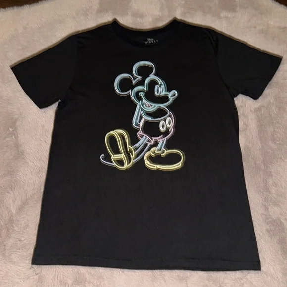 Disney Mickey Mouse black shortsleeve T-shirt mens neon DisneyLand DisneyWorld L - Picture 2 of 6